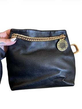 Stella McCartney Black Clutch with Gold Chain and Logo Disc